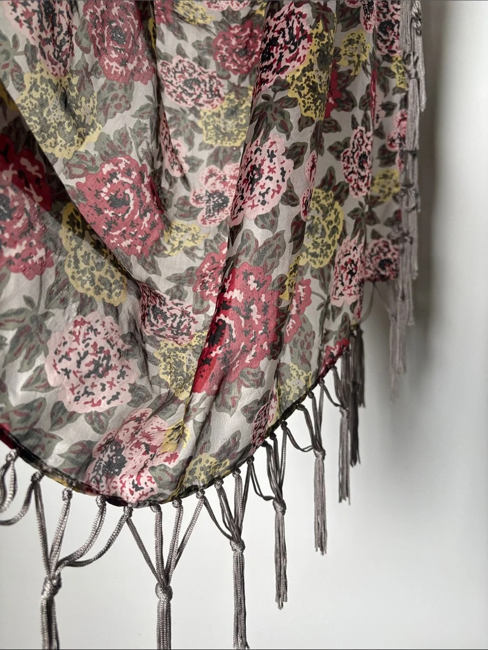 Vintage Silky Floral Fringe Rose Print Scarf with Gray Tassels